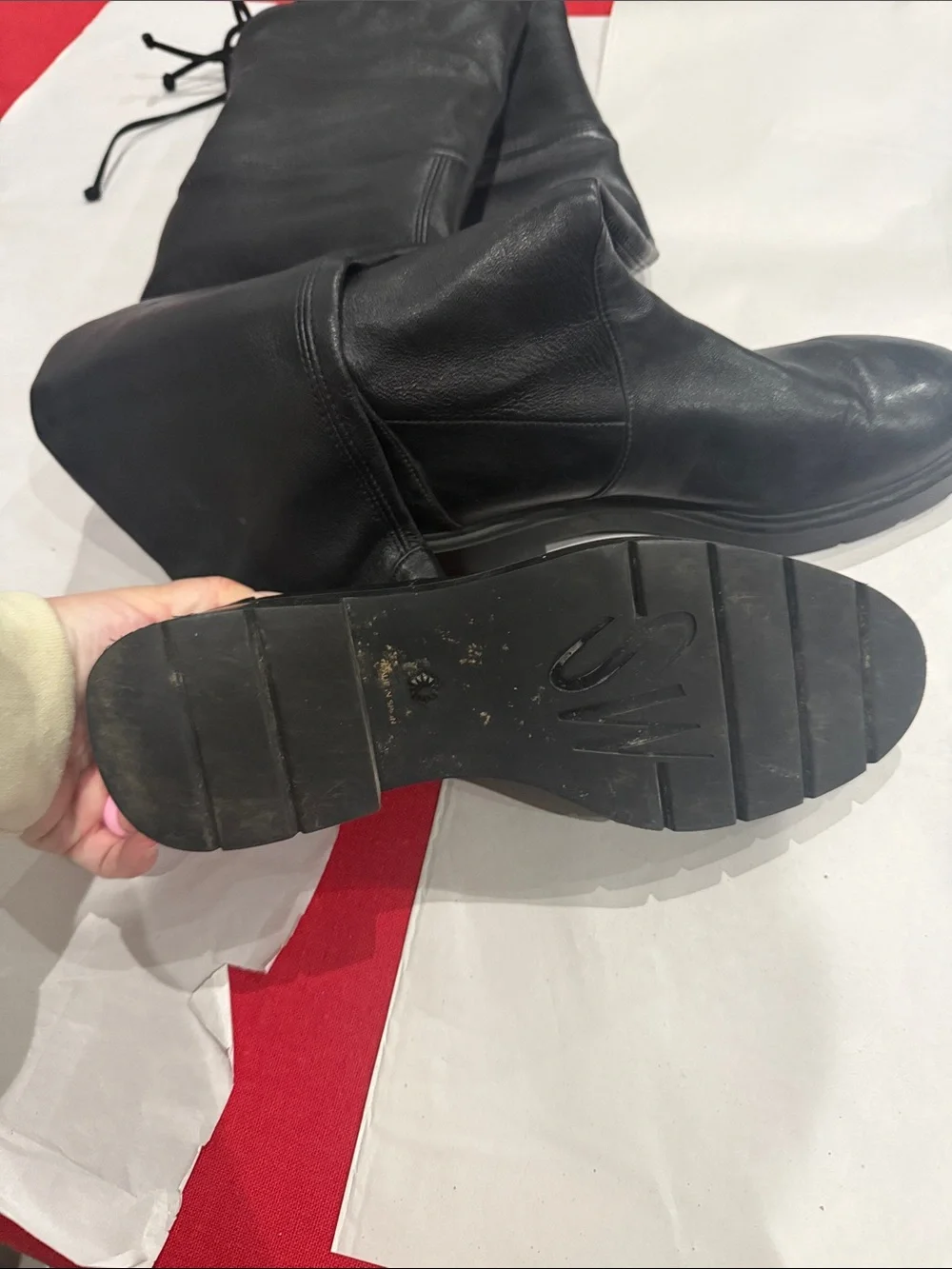 Stuart Weitzman Black Leather Over-the-Knee Lug-Sole Boots